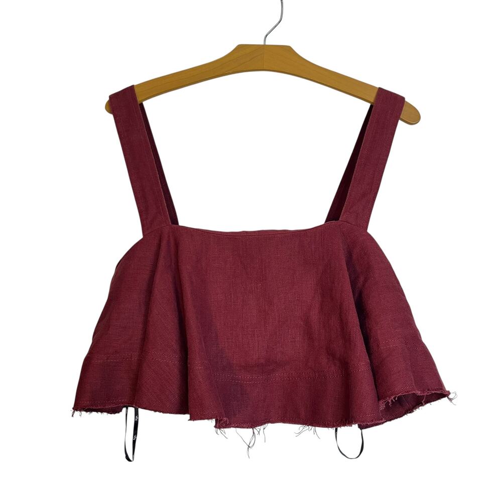 Aje. Vista Tiered Linen Crop Top Burgundy Red Flutter Square Neck Tank Size 10